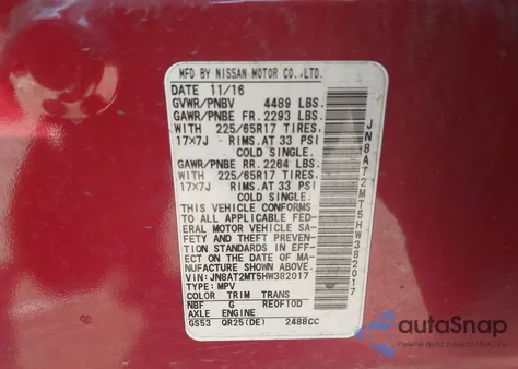 2017 Nissan Rogue Sv z USA, uszkodzony, nr VIN JN8AT2MT5HW382017